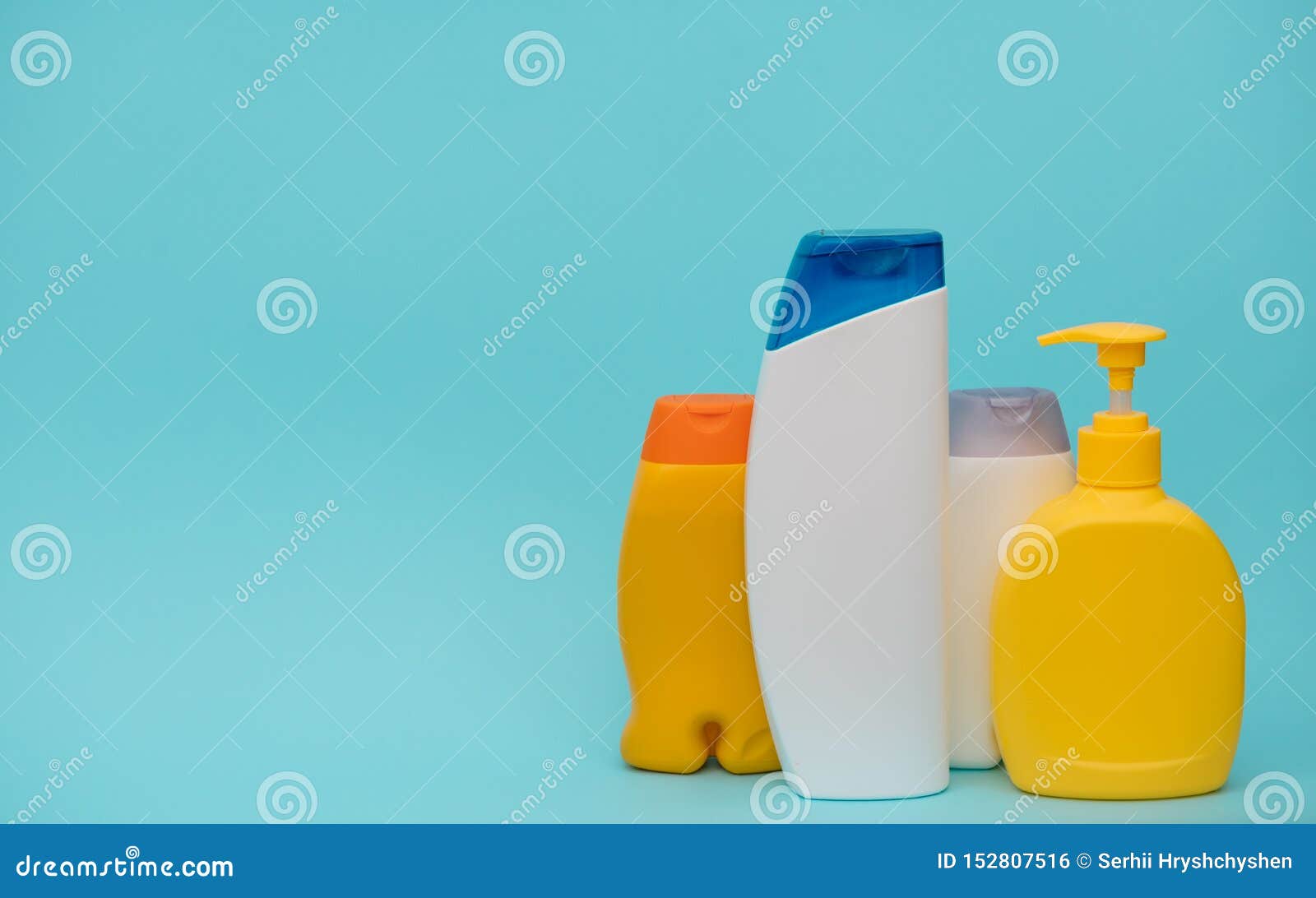 Shower Accessories on a Colored Background. Bathroom Setting on Blue