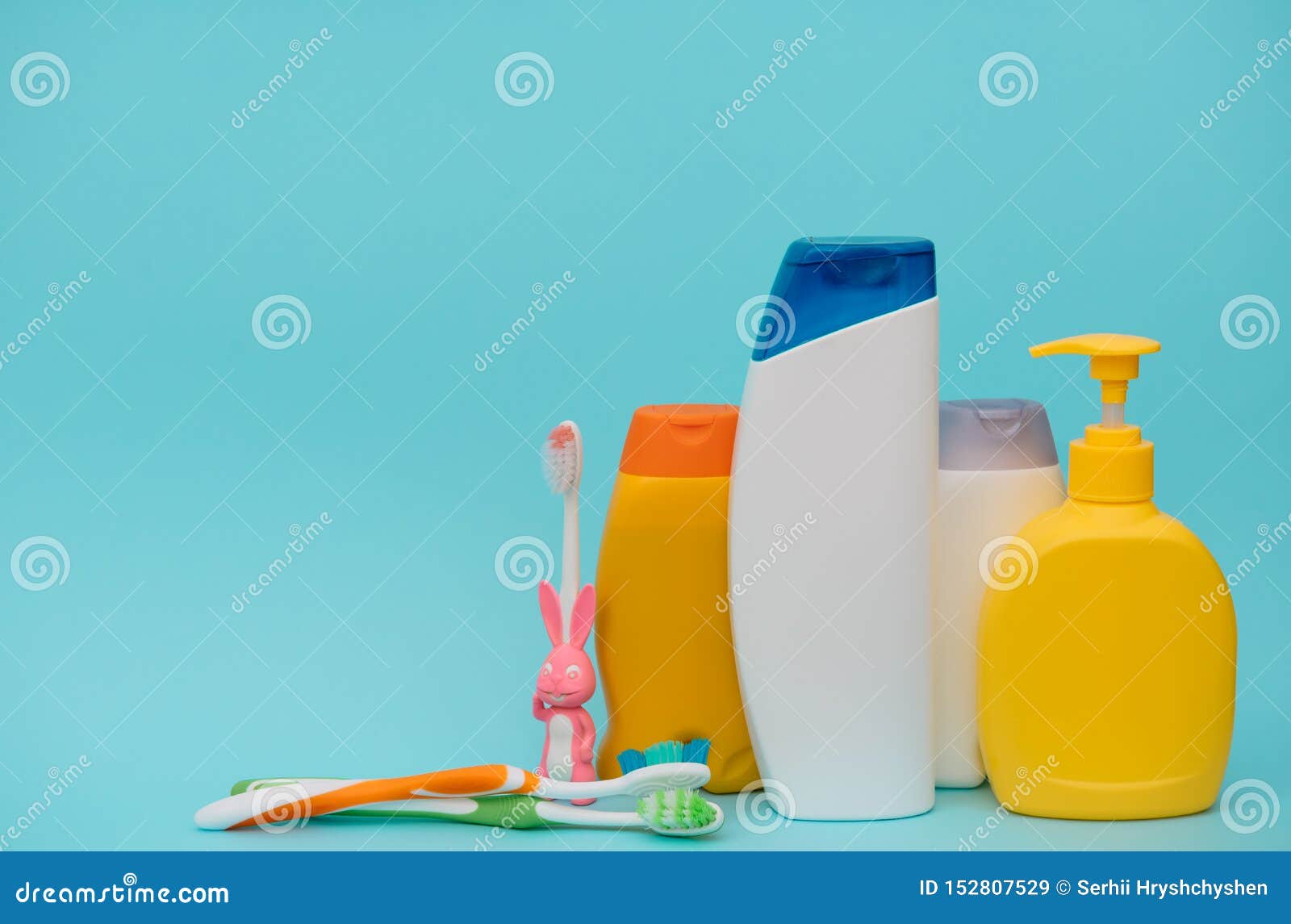 Shower Accessories on a Colored Background. Bathroom Setting on Blue