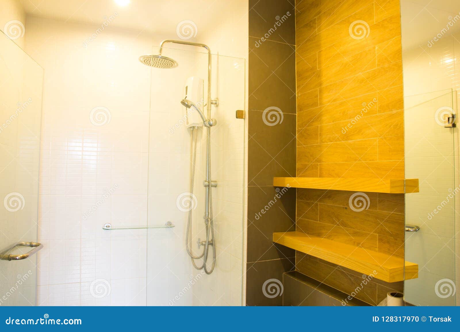 Shower in bathroom stock photo. Image of interior, house 128317970