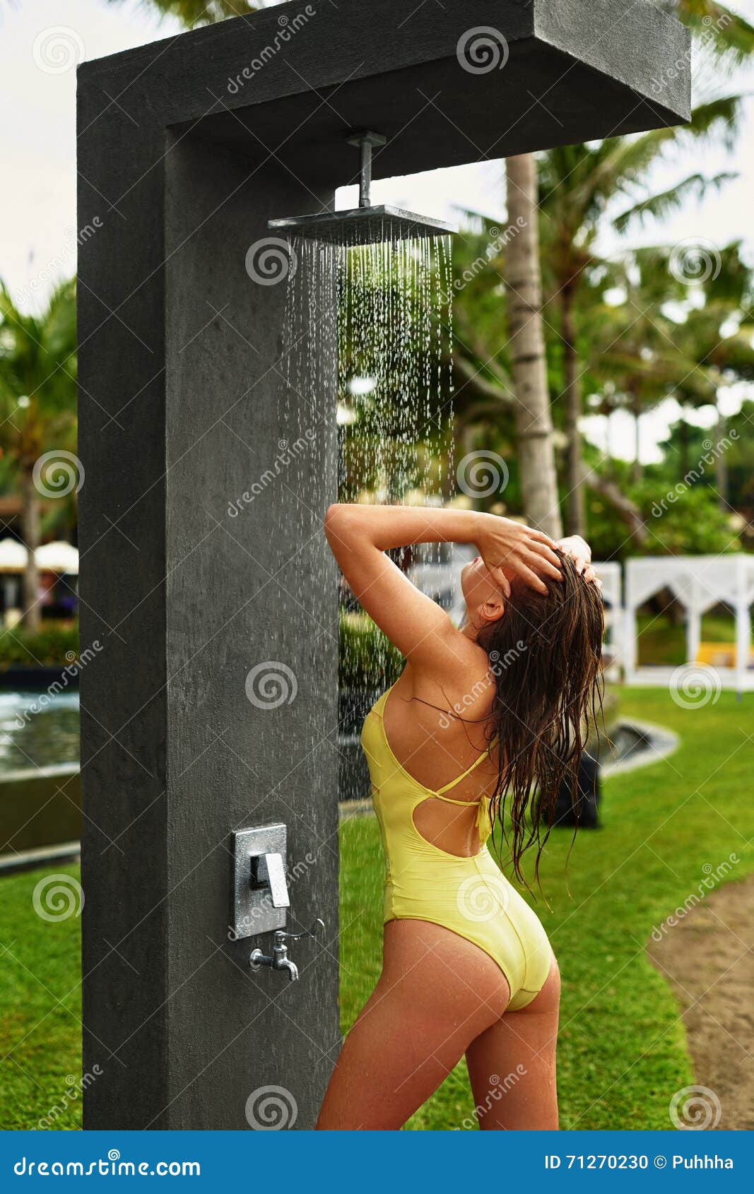 Shower On Beach Woman In Swimsuit Showering At Pool Shower Stock