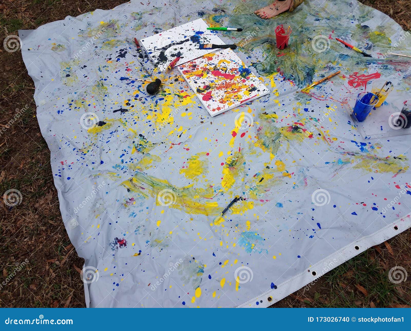 Shower Curtain and Canvas with Paint Splatters Stock Photo Image of