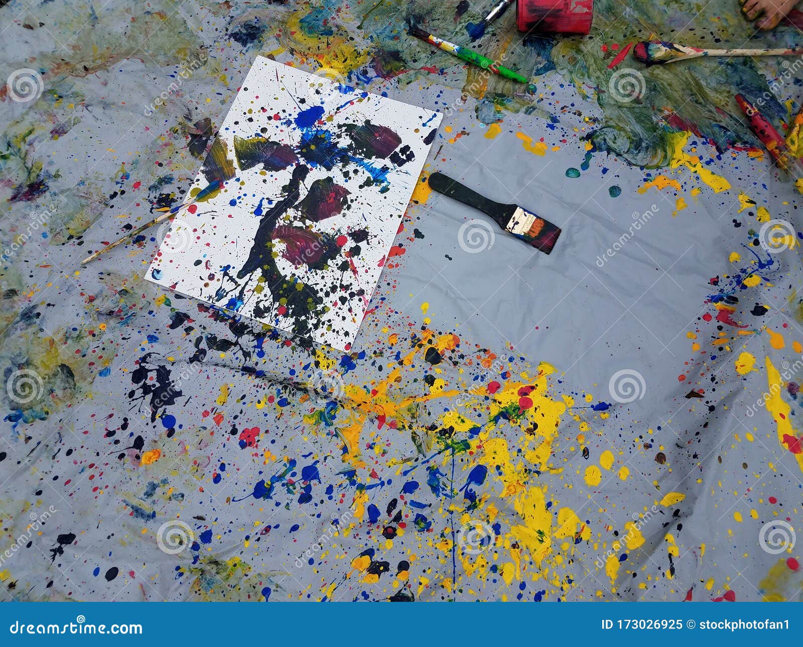 Shower Curtain and Canvas with Paint Splatters Stock Image Image of