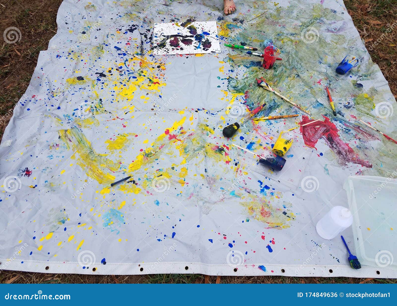 Shower Curtain with Paint Splatter Mess on Ground Stock Photo Image