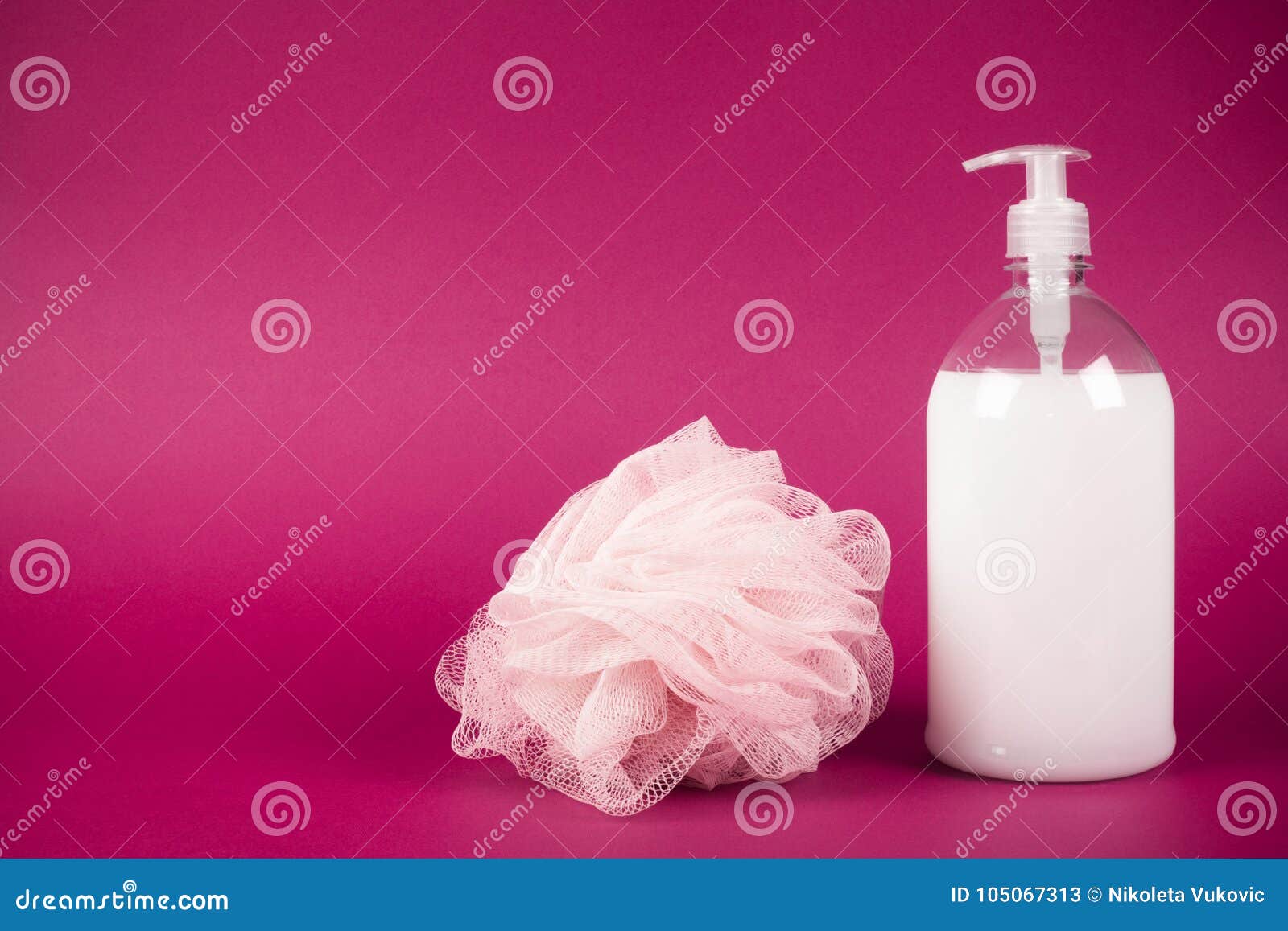 Shower gel and bath sponge stock image. Image of pink 105067313