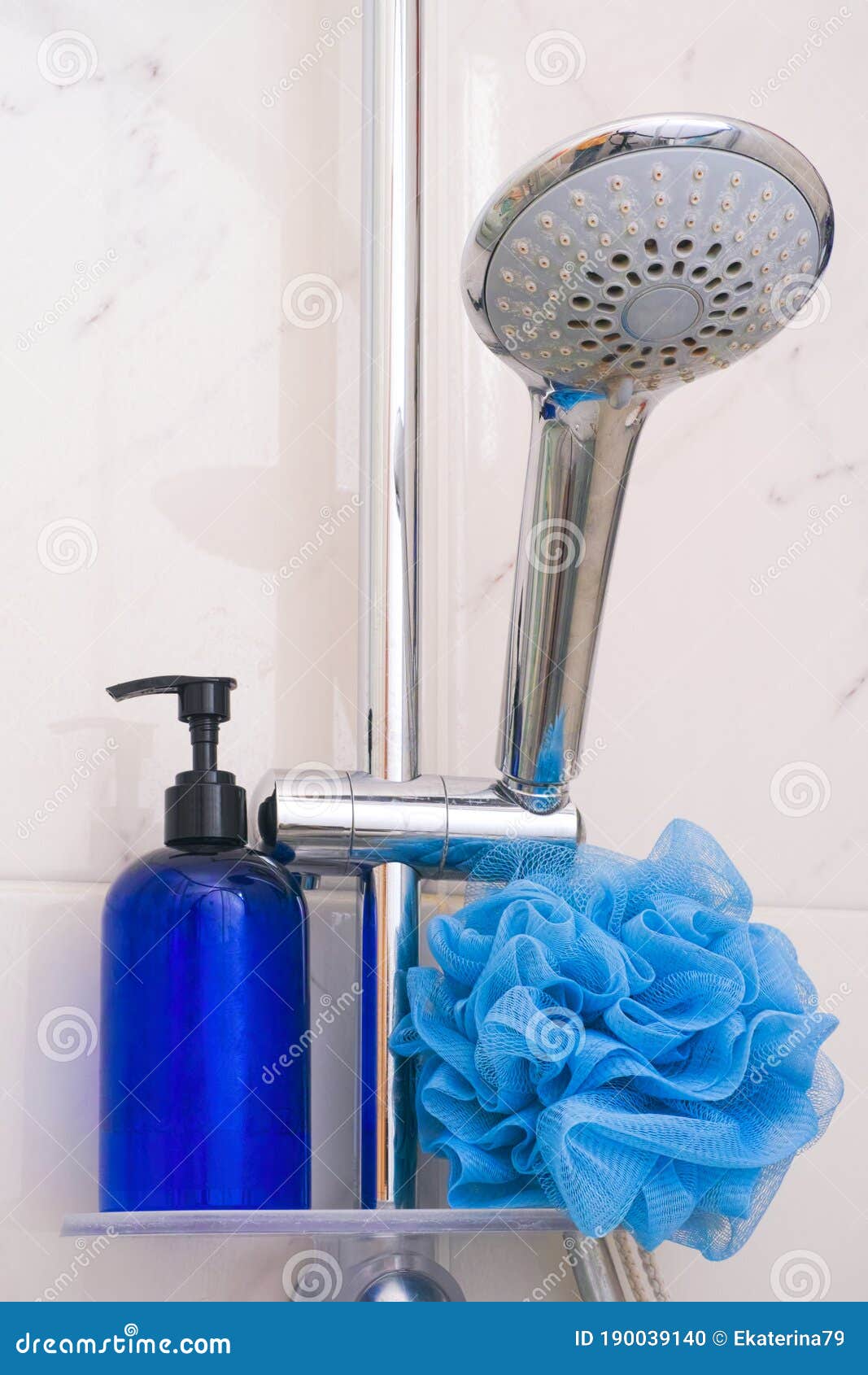 Shower Head and Shelf with Bath Sponge and Bottle Stock Photo Image