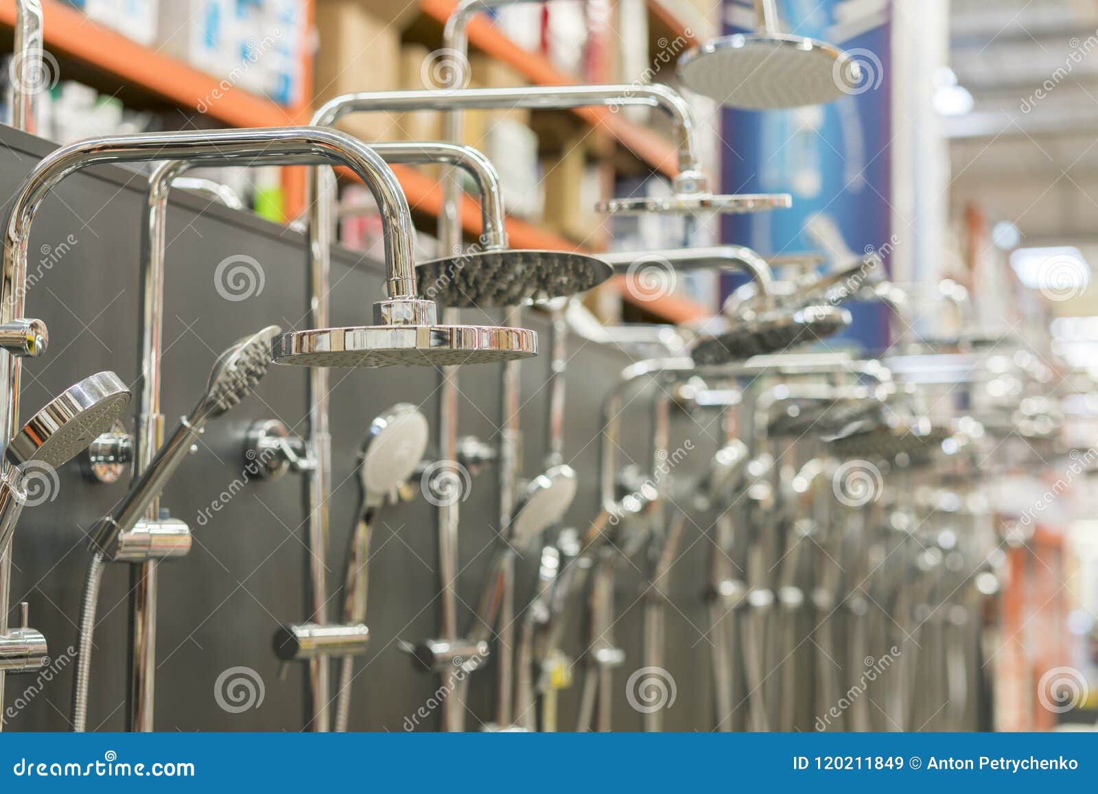 Shower Head on the Stand in a Hardware Store. Selected Focus. Set of