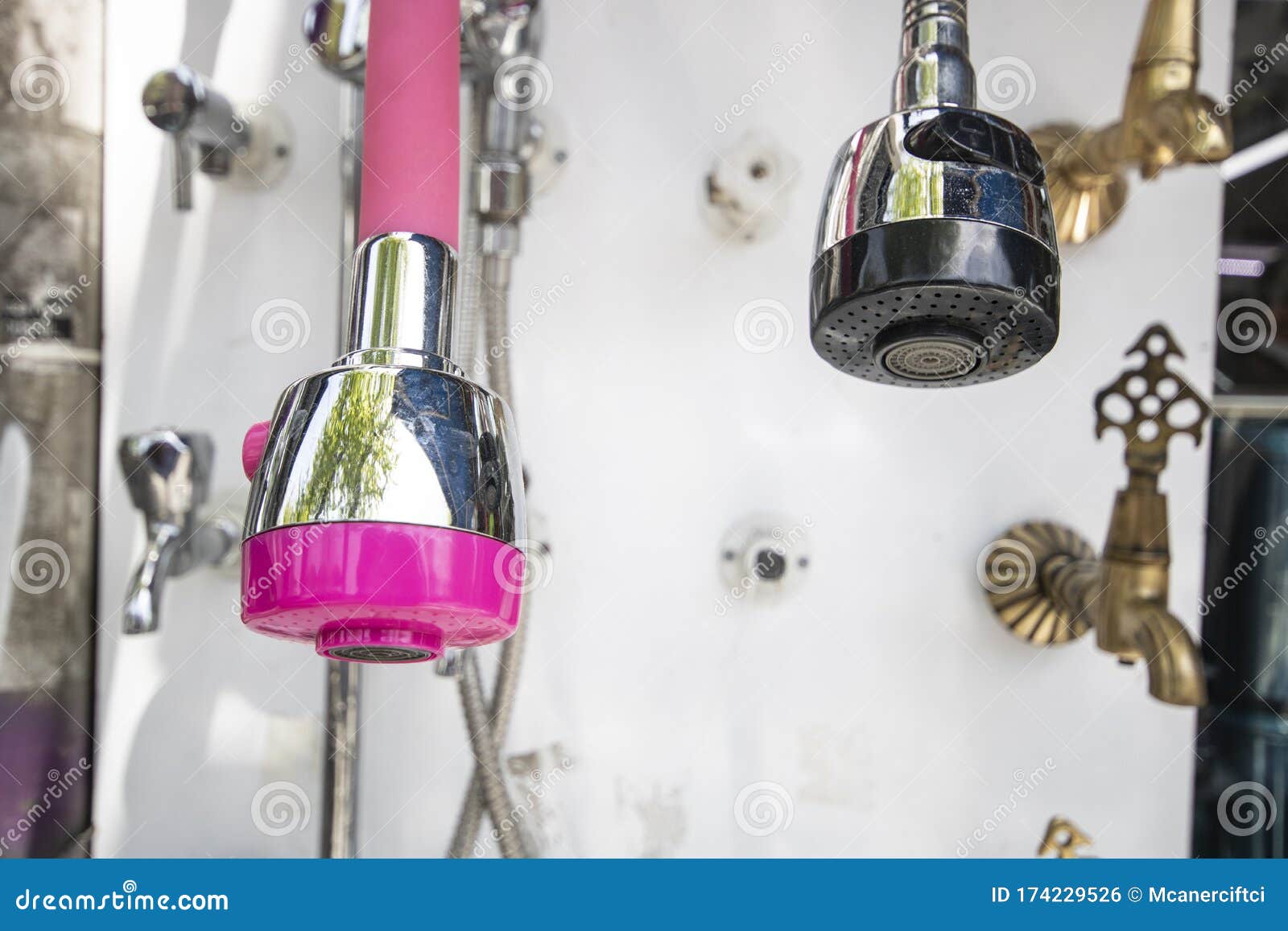 Shower Head on the Stand in a Hardware Store. Selected Focus. Set of