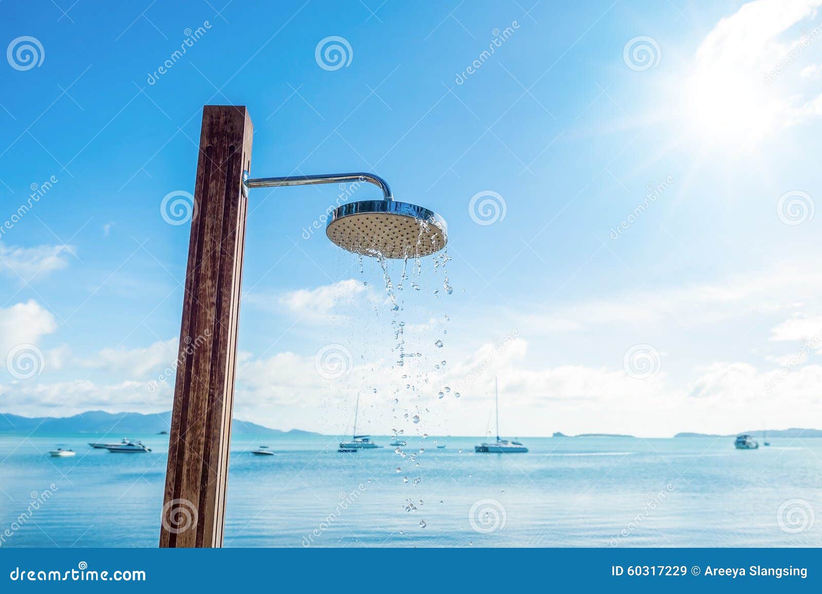 Shower Head with Water Droplets on Seashore Stock Image Image of
