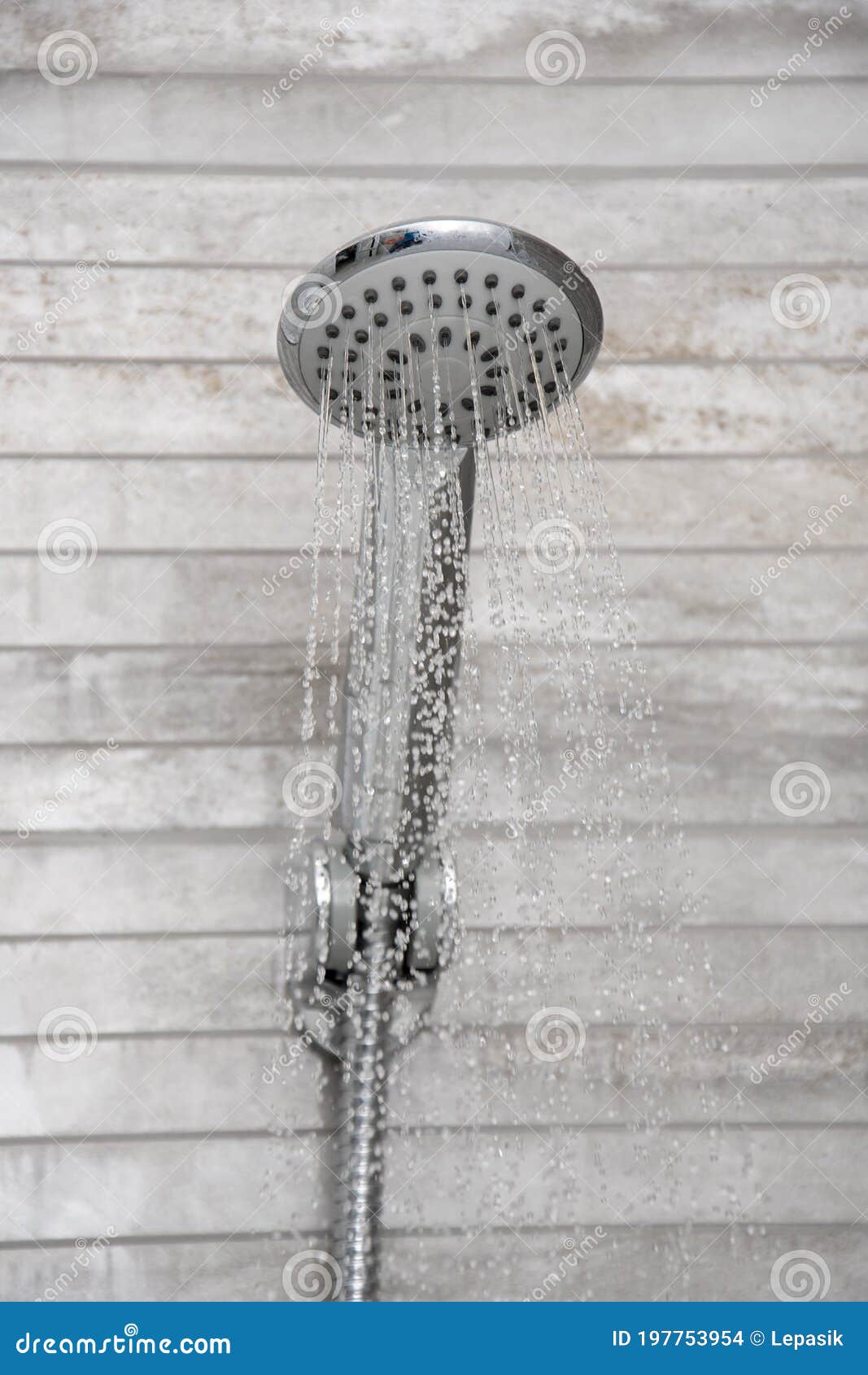 From the Shower Mounted on the Wall, Water Flows into the Bathroom