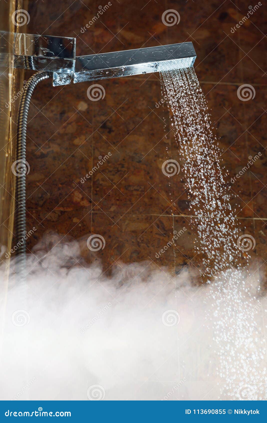 shower with water stream and hot steam