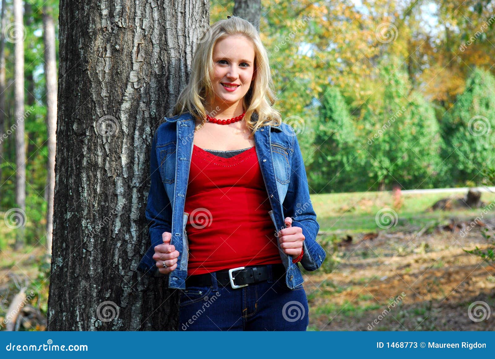 red shirt denim jacket