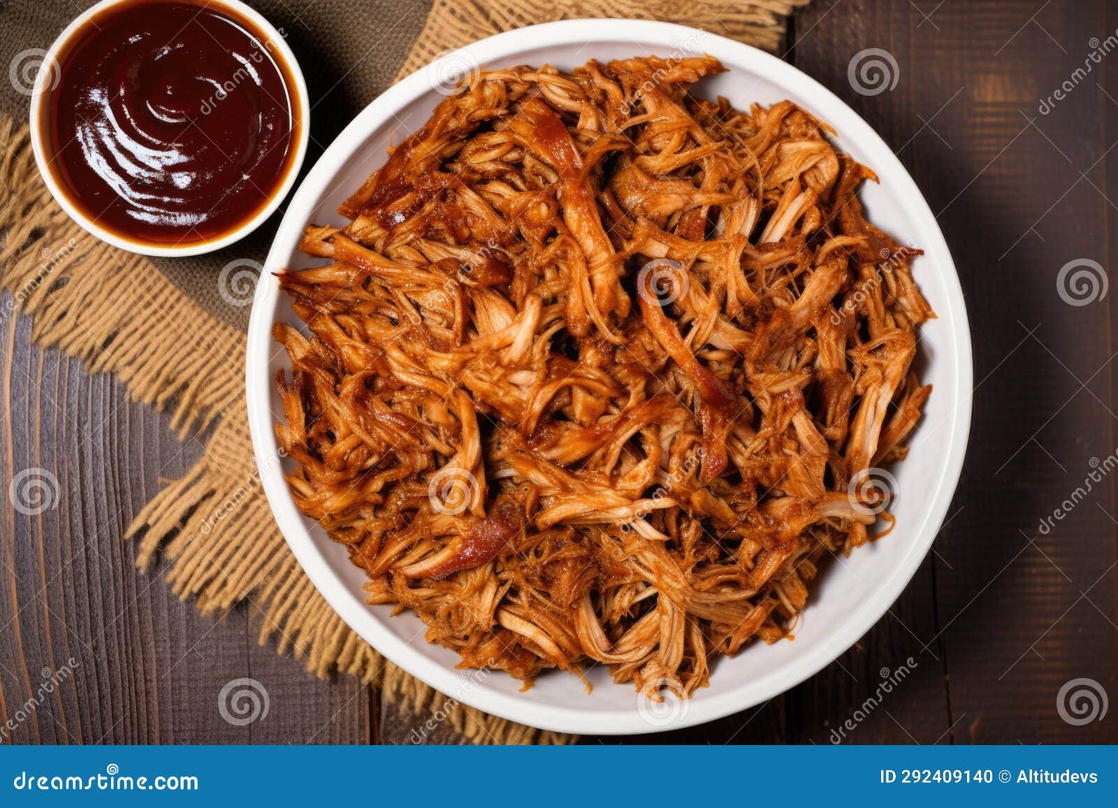 Shredded Pulled Pork and Vinegar Sauce, Topdown View Stock Photo