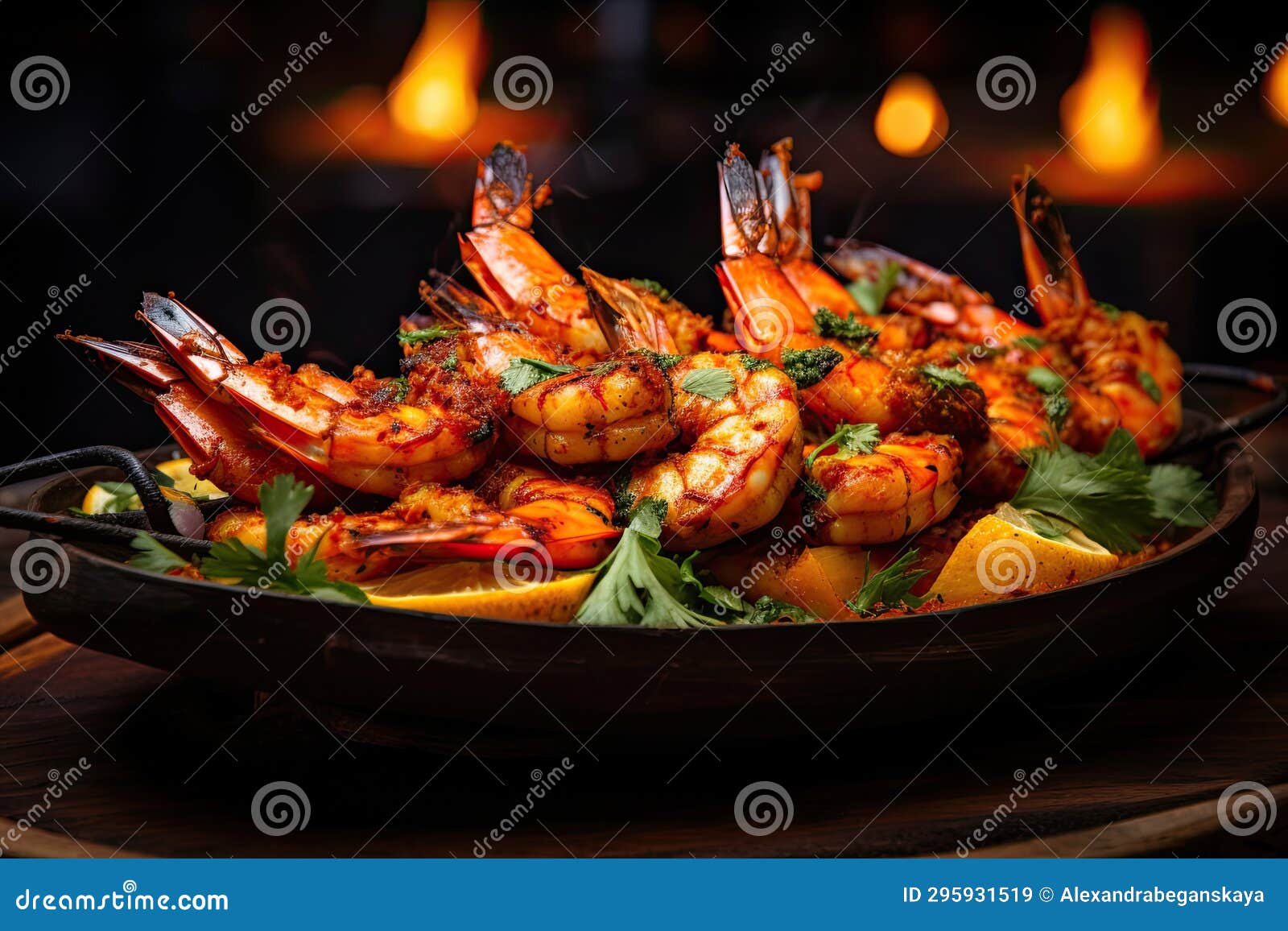 shrimp on a background of seafood tikka, grilled