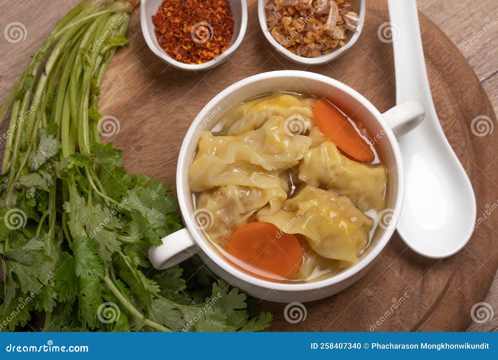 Shrimp Dumplings in Clear Broth and Dumplings on Table, Chinese Wonton
