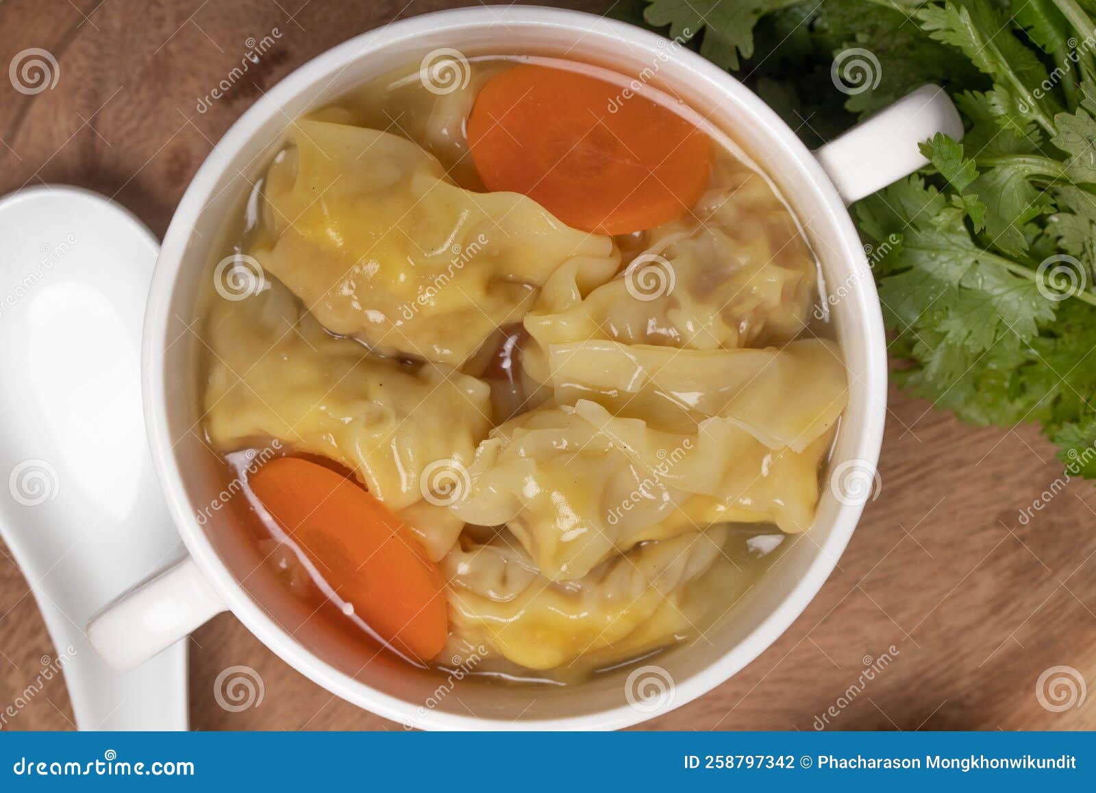 Shrimp Dumplings in Clear Broth and Dumplings on Table, Chinese Wonton