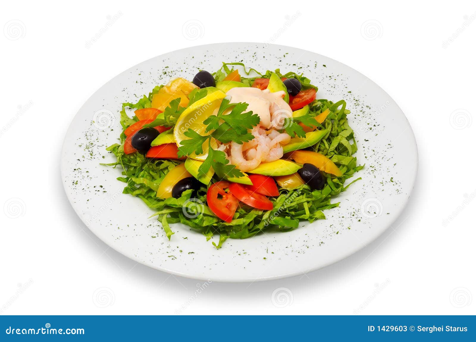 Shrimp and Fresh Vegetables Salad with Avocado and Rose Sauce Stock