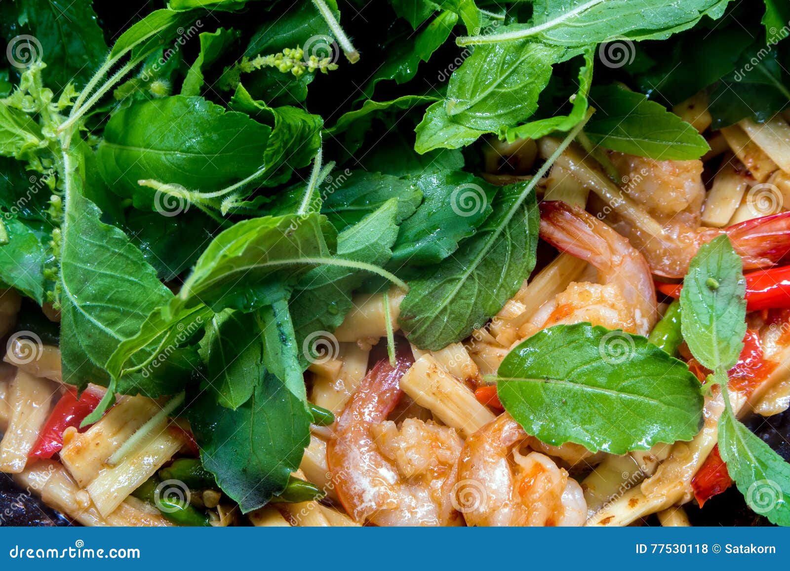 Shrimp, Garlic, Chilli , Bamboo Shoot and Basil Fried in a Pan Stock