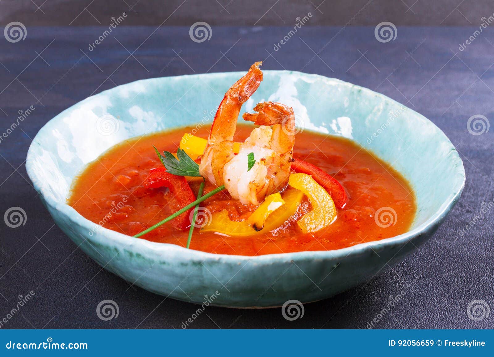 Shrimp Gazpacho. Spanish Soup. Vegetable Puree with Prawns. Stock Image