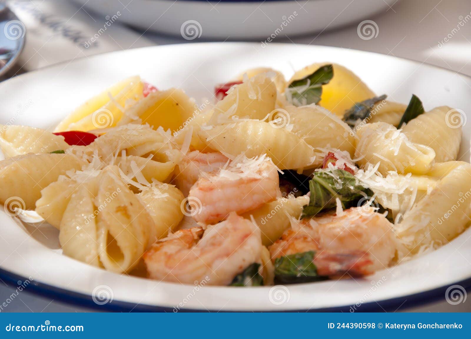 Shrimp Pasta Seasoned with Parmesan and Served Stock Photo Image of