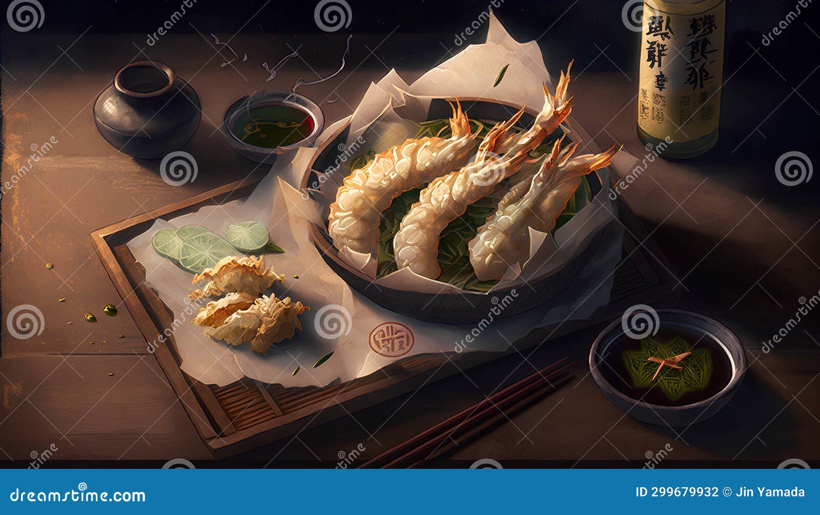 Shrimp Tempura, Japanese Cuisine, 3d Rendering Stock Illustration
