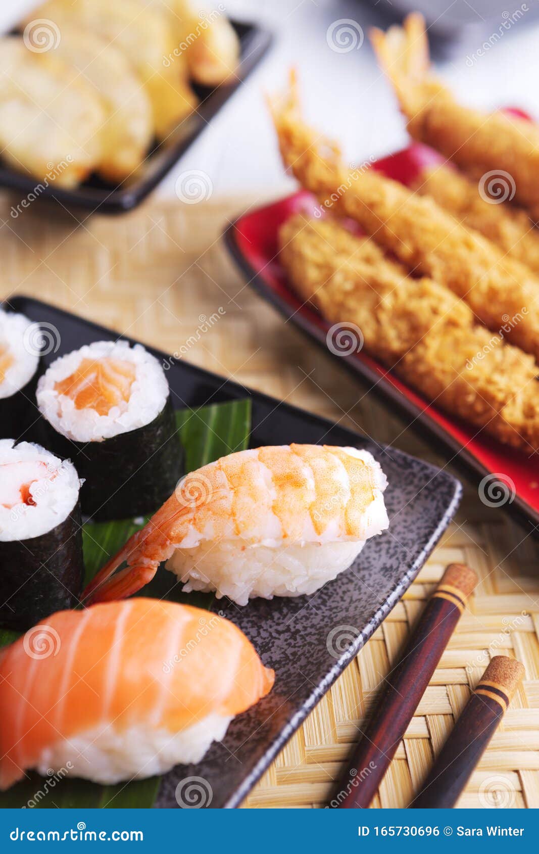 Shrimp Tempura and Various Japanese Sushi Stock Photo - Image of