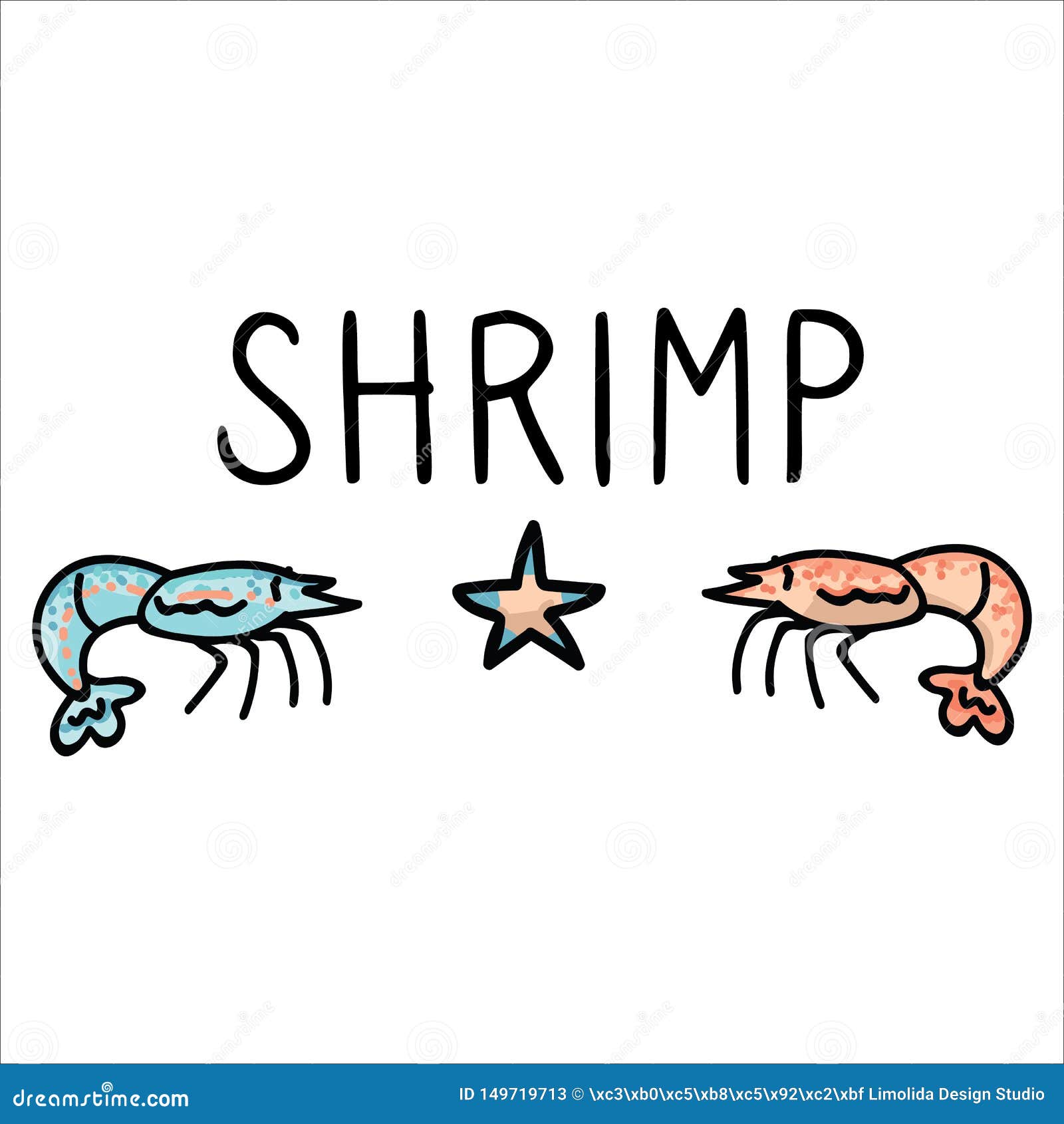 cute shrimp typography cartoon   motif set. hand drawn  seafood prawn s. clipart for ocean text