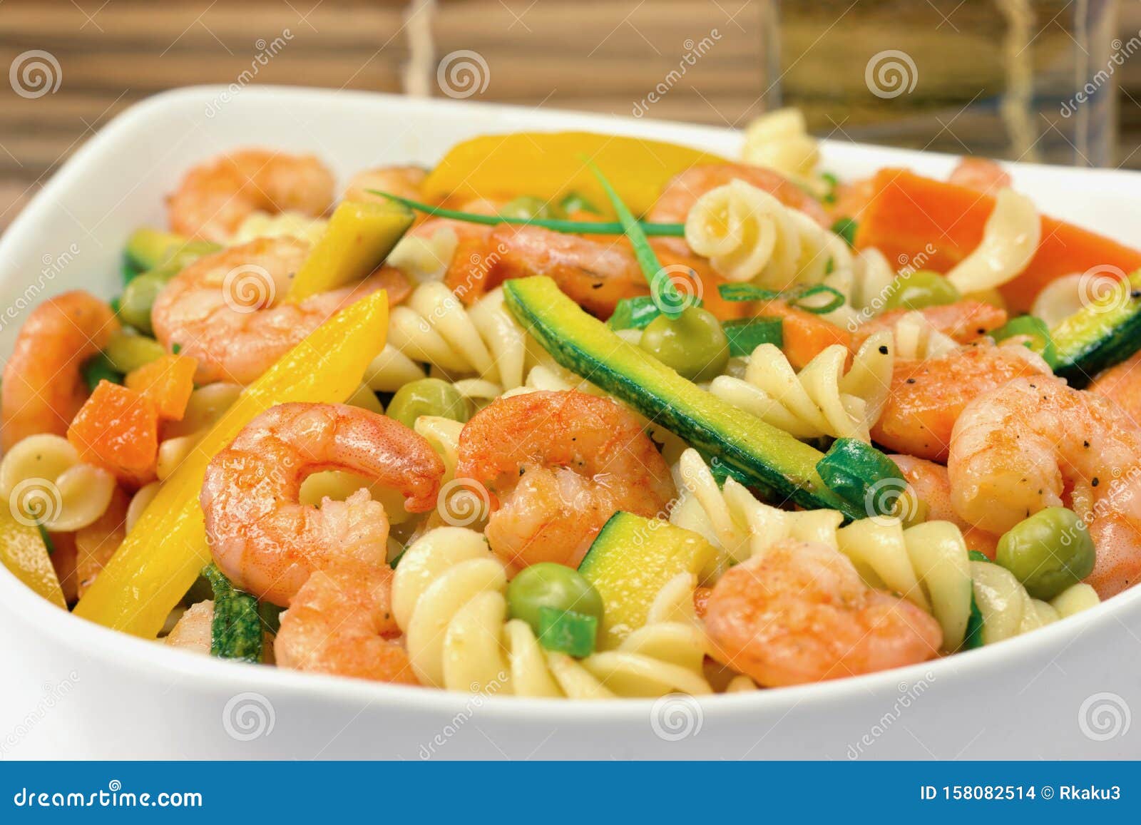 Shrimp and Vegetables Fusilli Pasta Salad Close Stock Photo - Image of