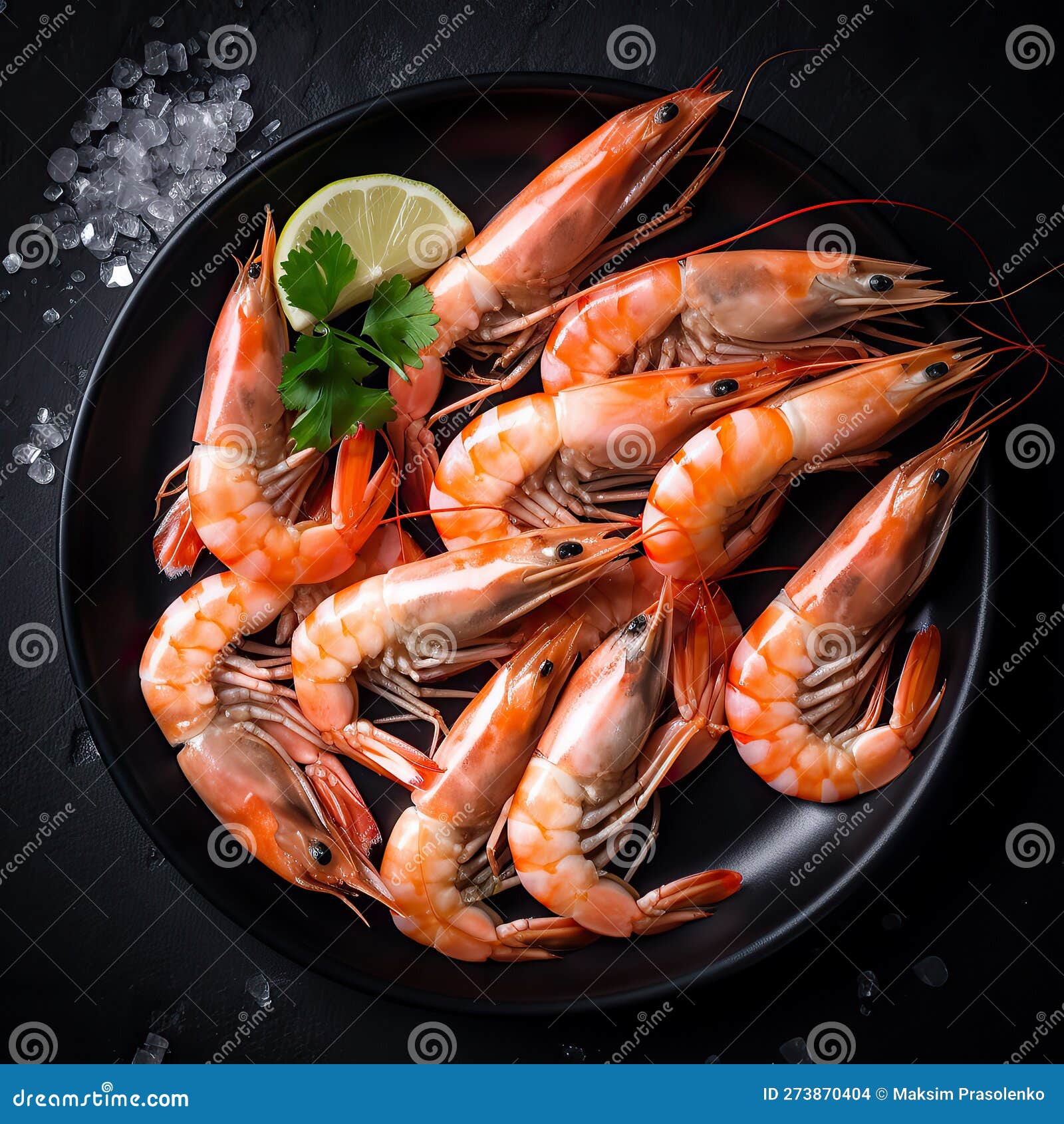 Shrimps, Prawns on Black Plate. Raw Shrimps, Prawns. Seafood. Top View ...