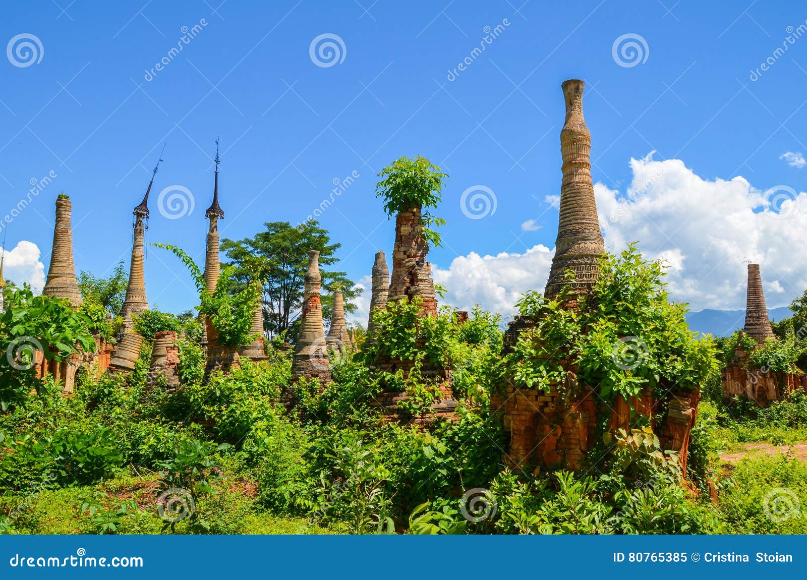 Shwe Indein Pagoda in Inle Lake, Shan State, Myanmar. The Indein pagoda complex is situated in the Western part of Inle Lake. There are about 1000 stupas in the area