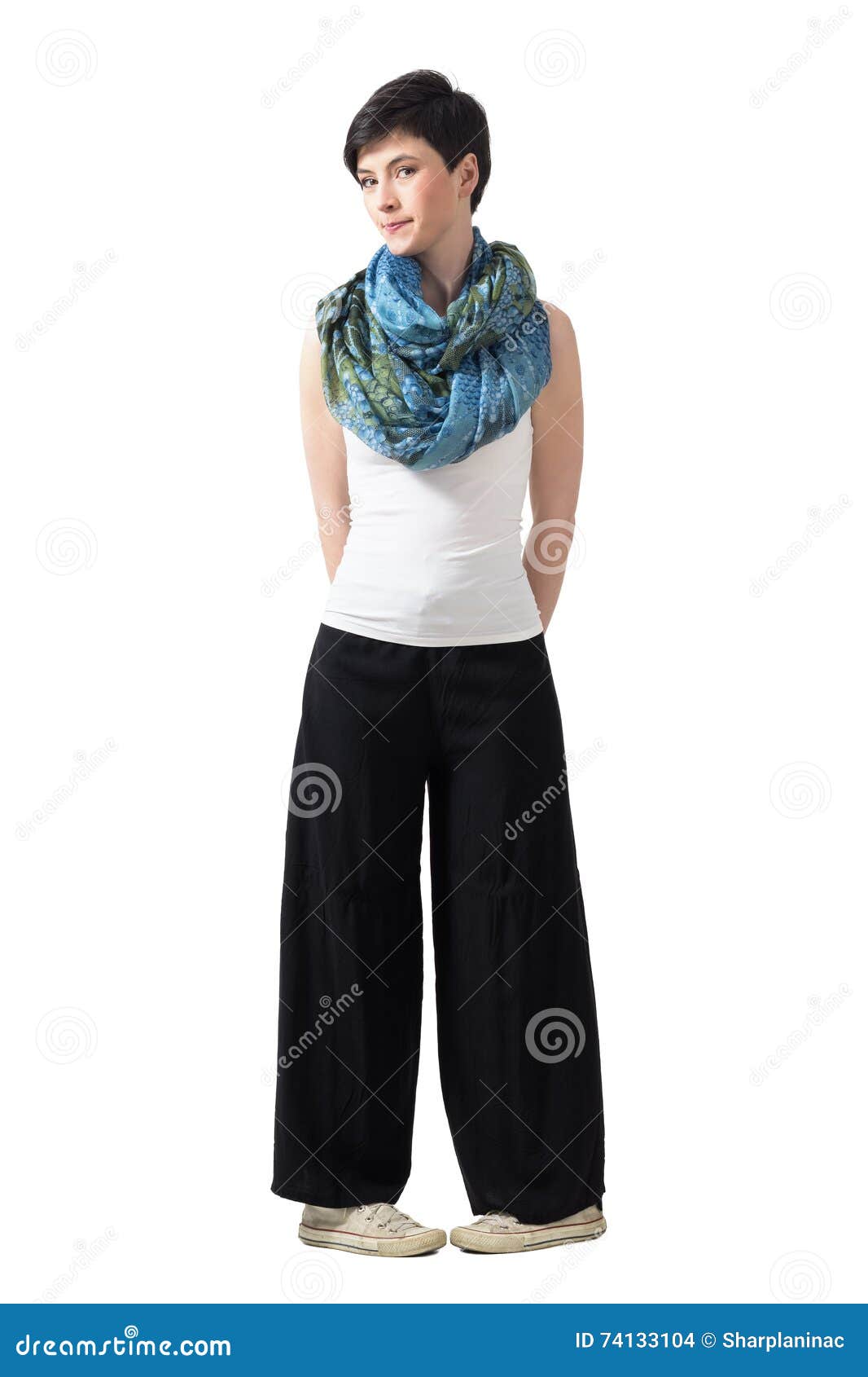 Shy Bashful Young Short Hair Woman in Wide Pants in Awkward Leg Pose ...