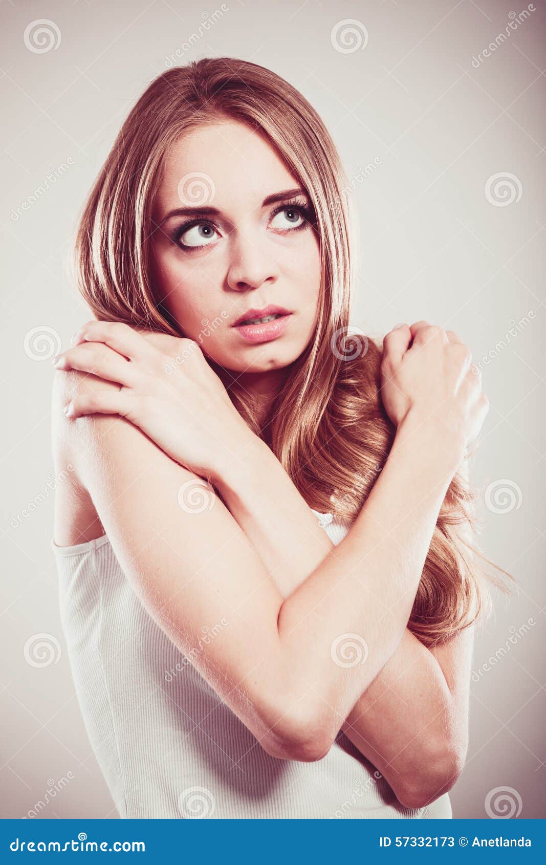 Shy Girl Afraid Woman On Gray Stock Image Image O
