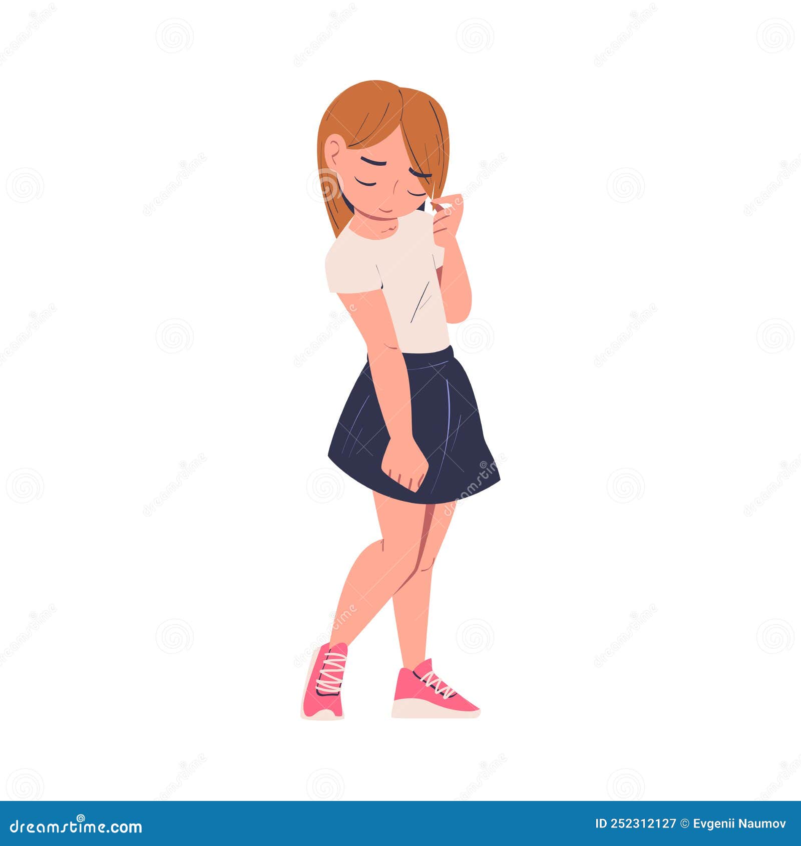 Shy Little Girl Standing Casting Down Her Eyes Flirting Vector ...