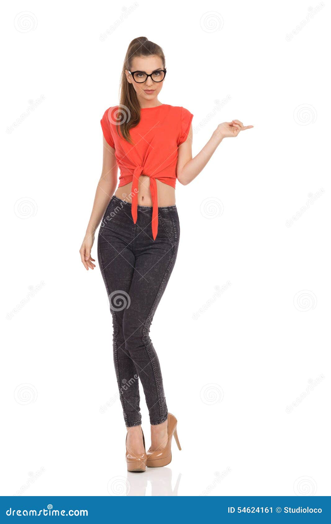 Shy Nerd Girl Pointing Stock Image Image Of Shot Jeans 54624161