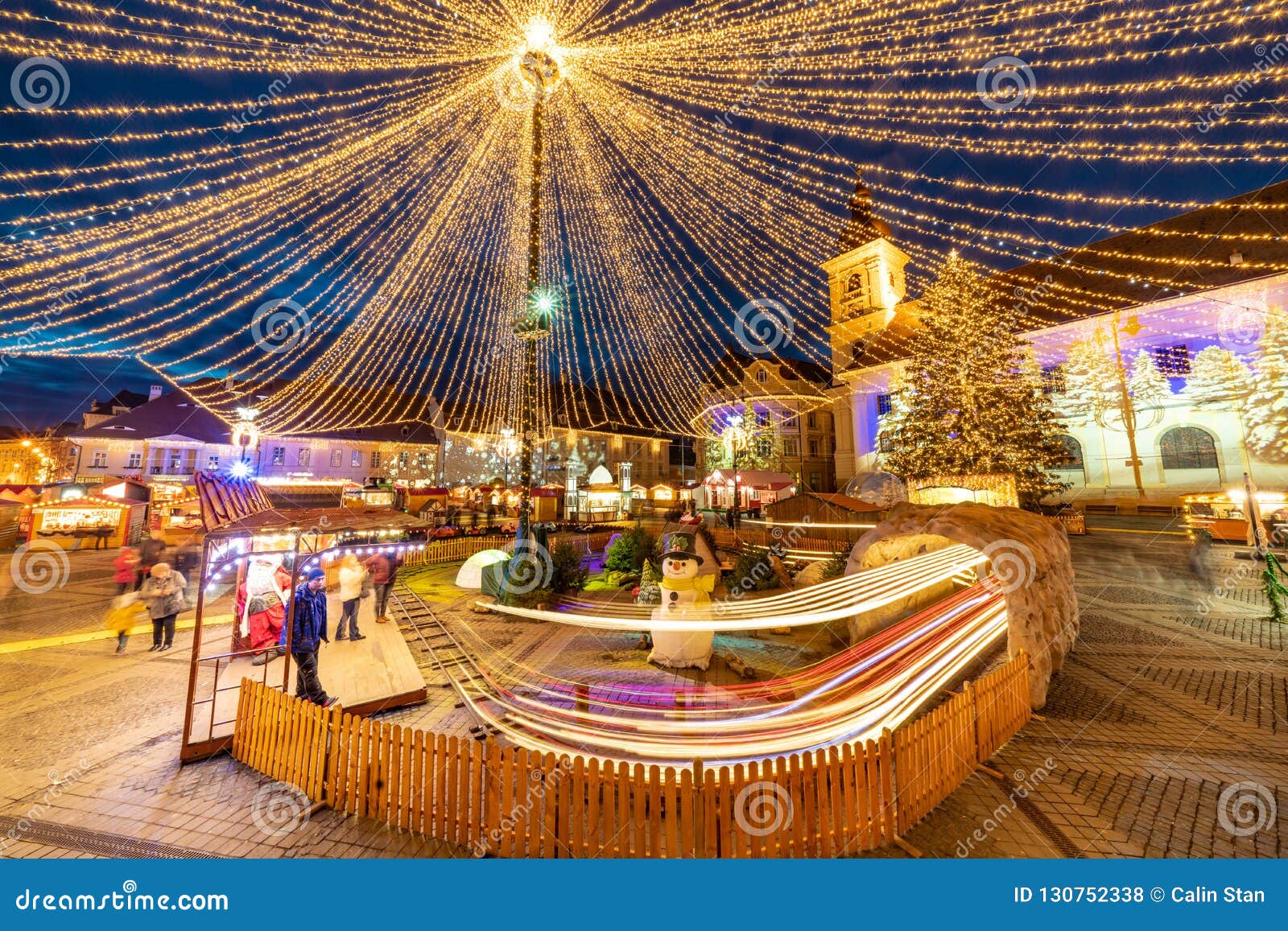 Christmas Market in Sibiu, Transylvania Romania. Beautifull sunset