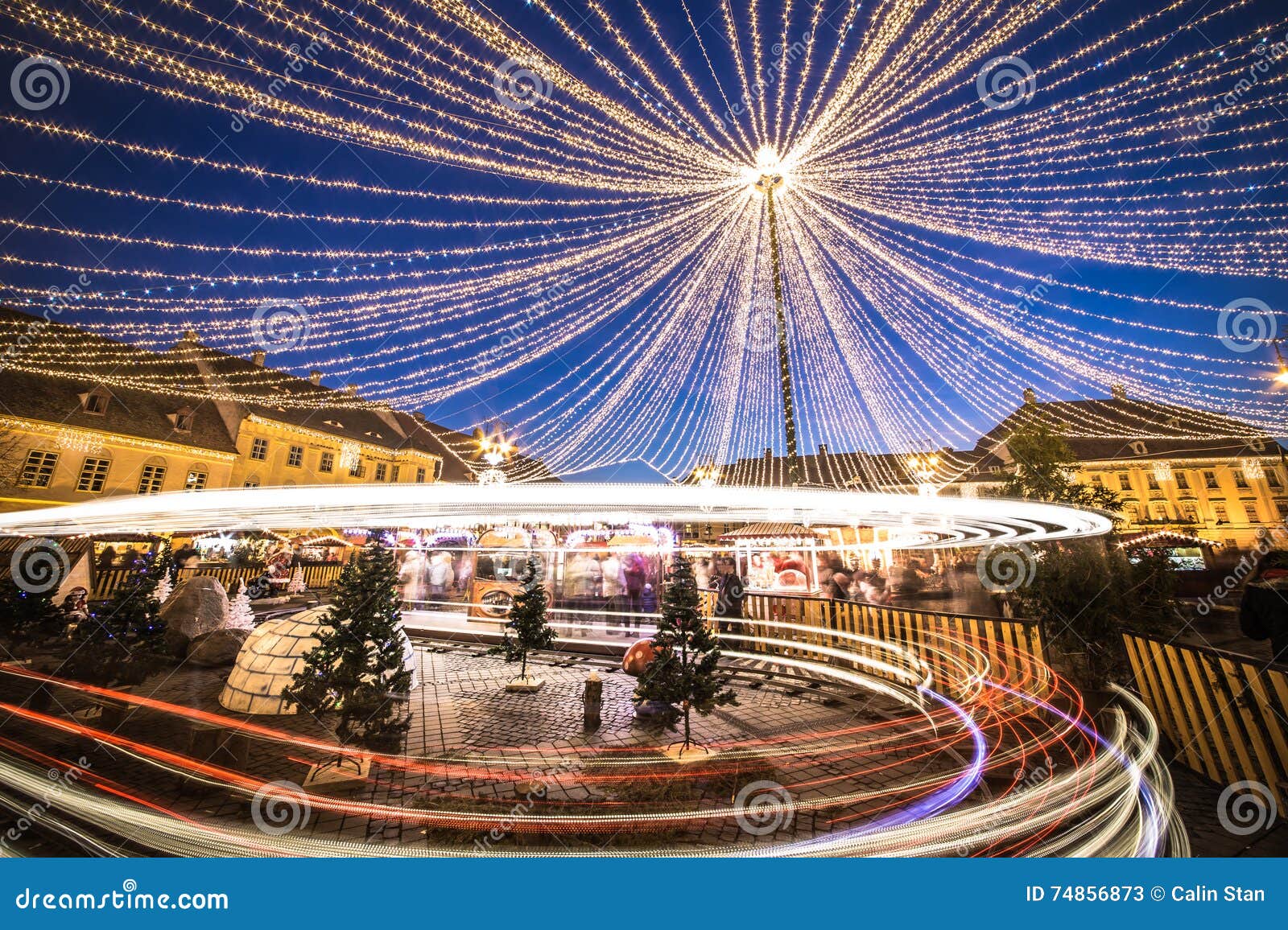 Christmas Market in Sibiu, Transylvania Romania. Beautifull sunset