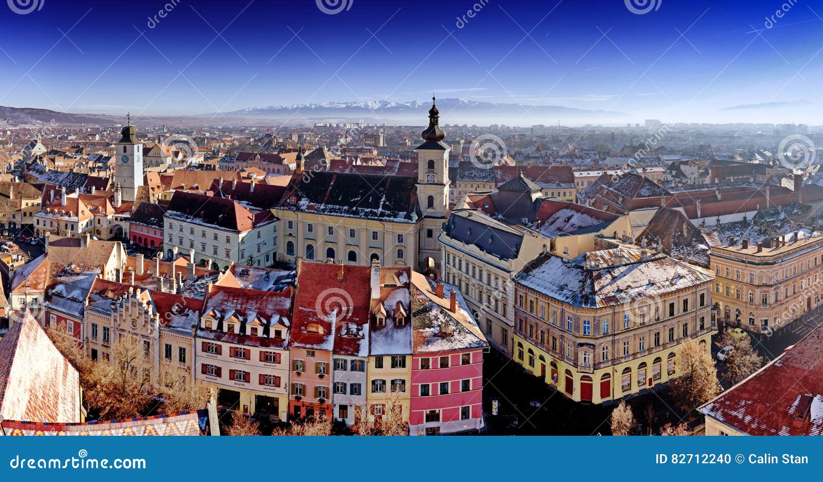 Panoramic view of Sibiu central square in Transylvania, Romania