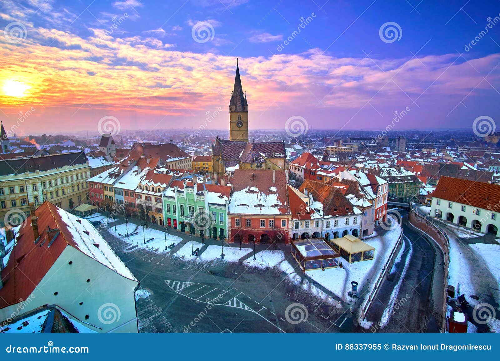 Panoramic view of Sibiu central square in Transylvania, Romania