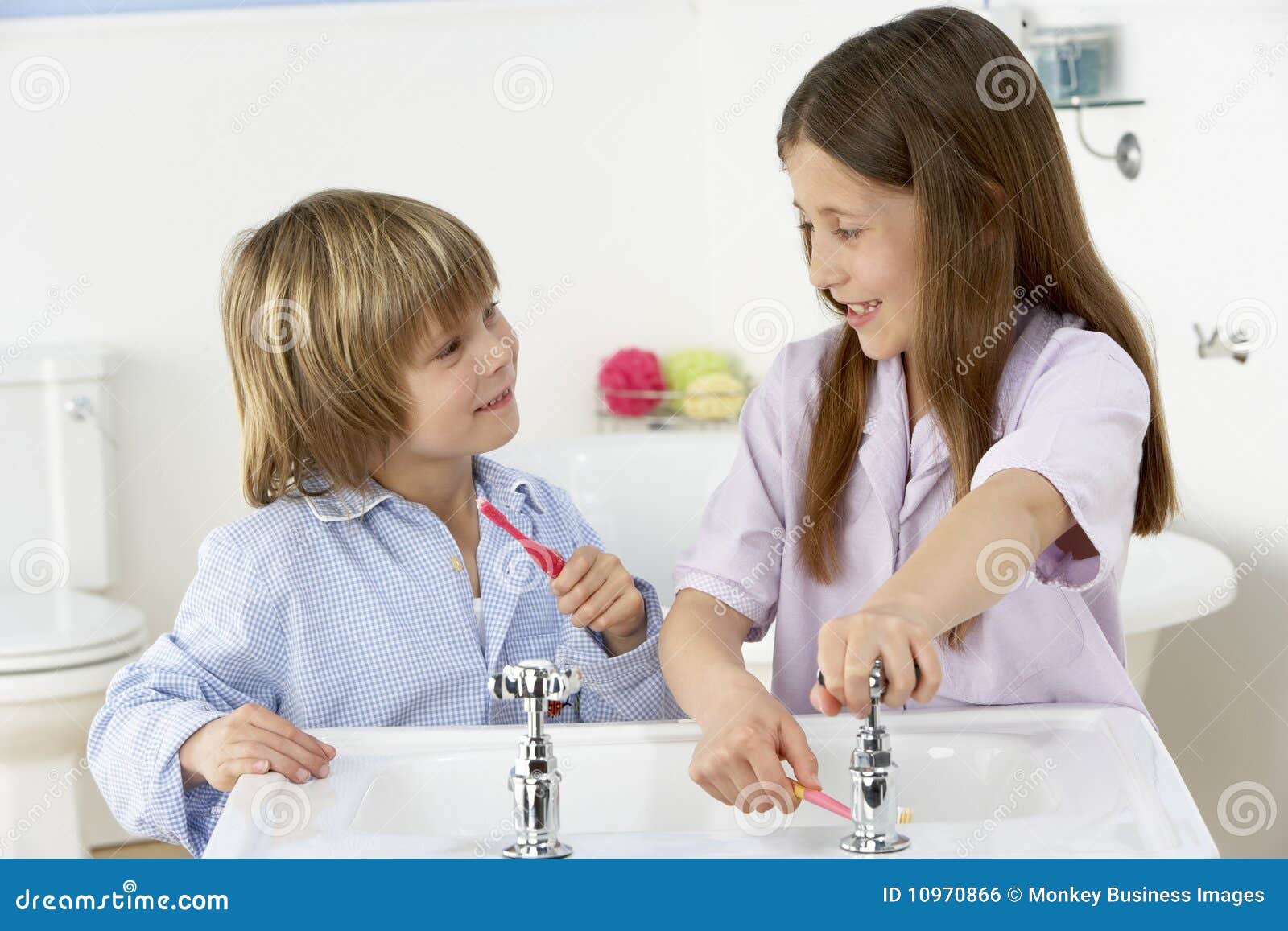 Siblings Brushing Teeth Together at Sink Stock Photo Image of sink