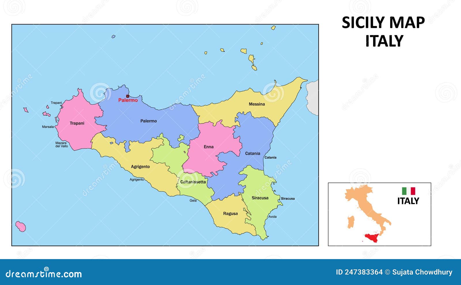 Sicily Map. State And District Map Of Sicily. Political Map Of Sicily