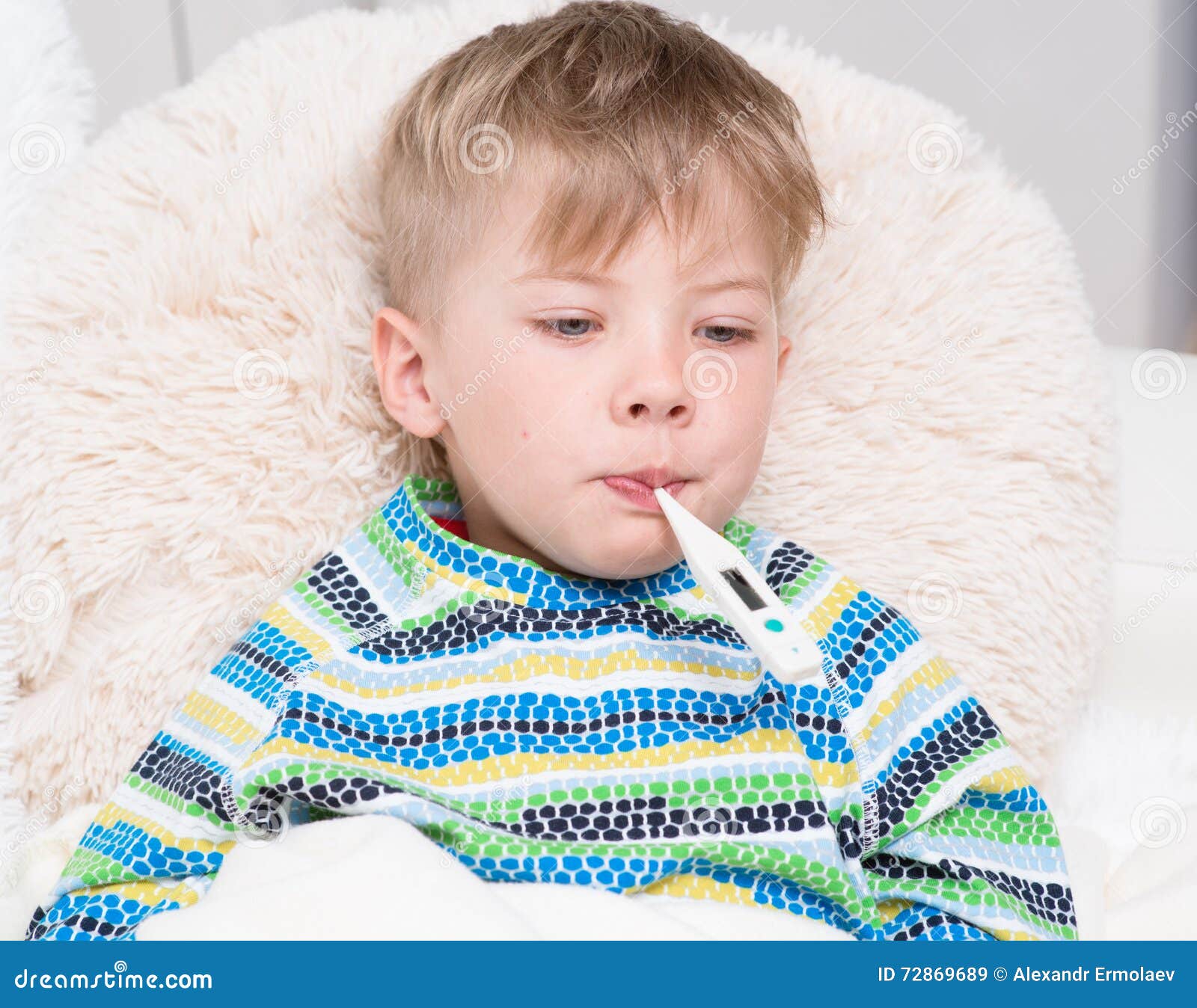 Sick Boy with Thermometer in Mouth Laying in Bed Stock Image Image of