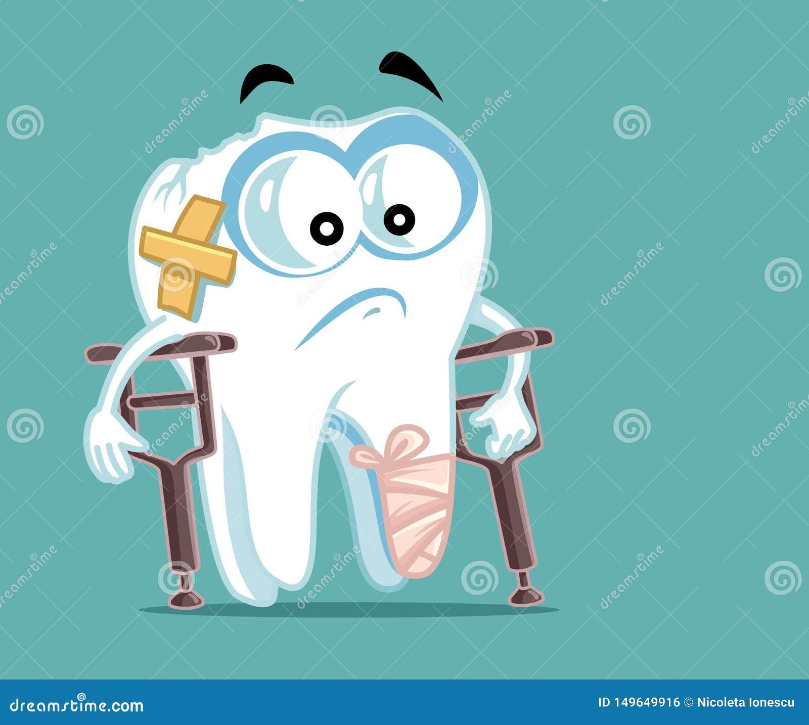 Sick Broken Tooth in Crutches Stock Vector Illustration of dentistry