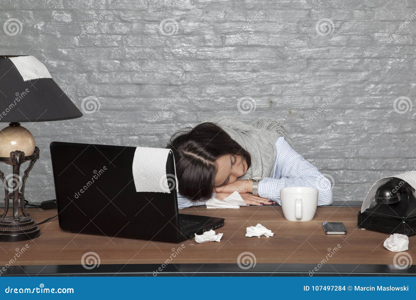 Sick Business Woman Fell Asleep On The Desk With Exhaustion Stock