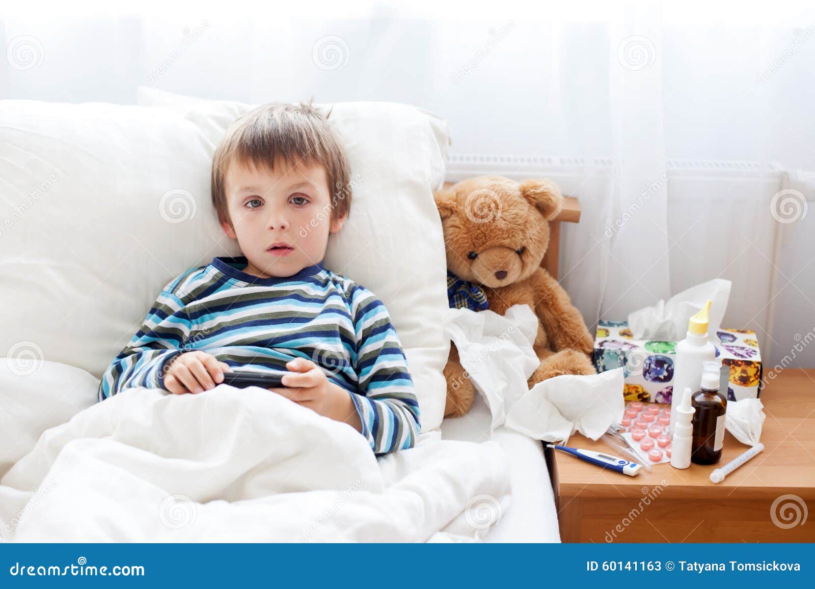 Sick Child Boy Lying in Bed with a Fever, Resting Stock Image Image