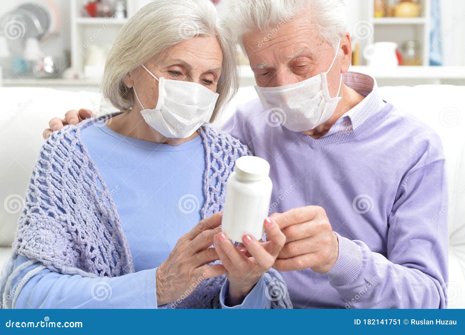 Sick Elderly Woman And Man With Facial Masks Holding Pills Stock Image Image Of Caucasian