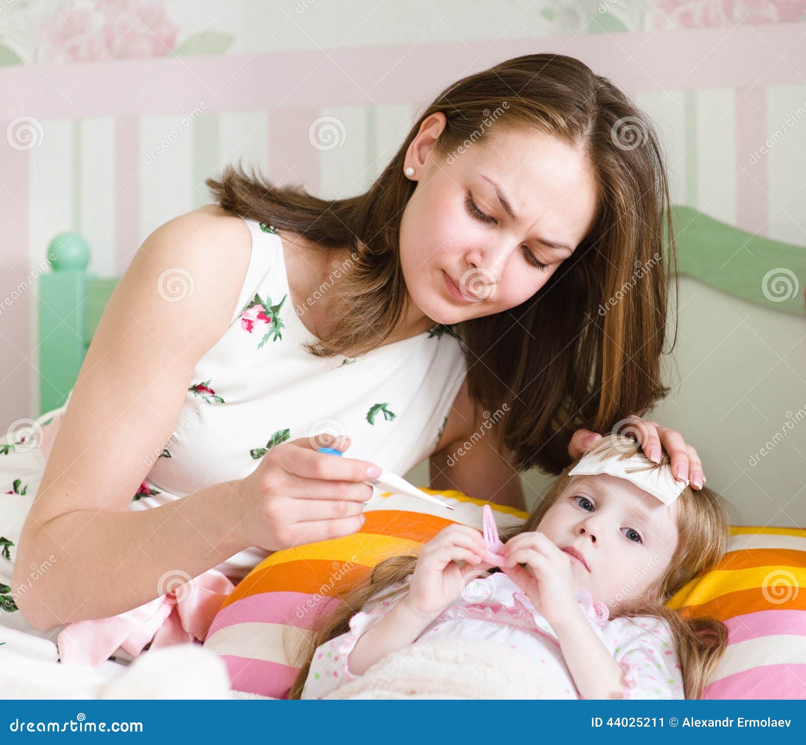 Sick Kid with High Fever Laying in Bed and Mother Stock Image Image