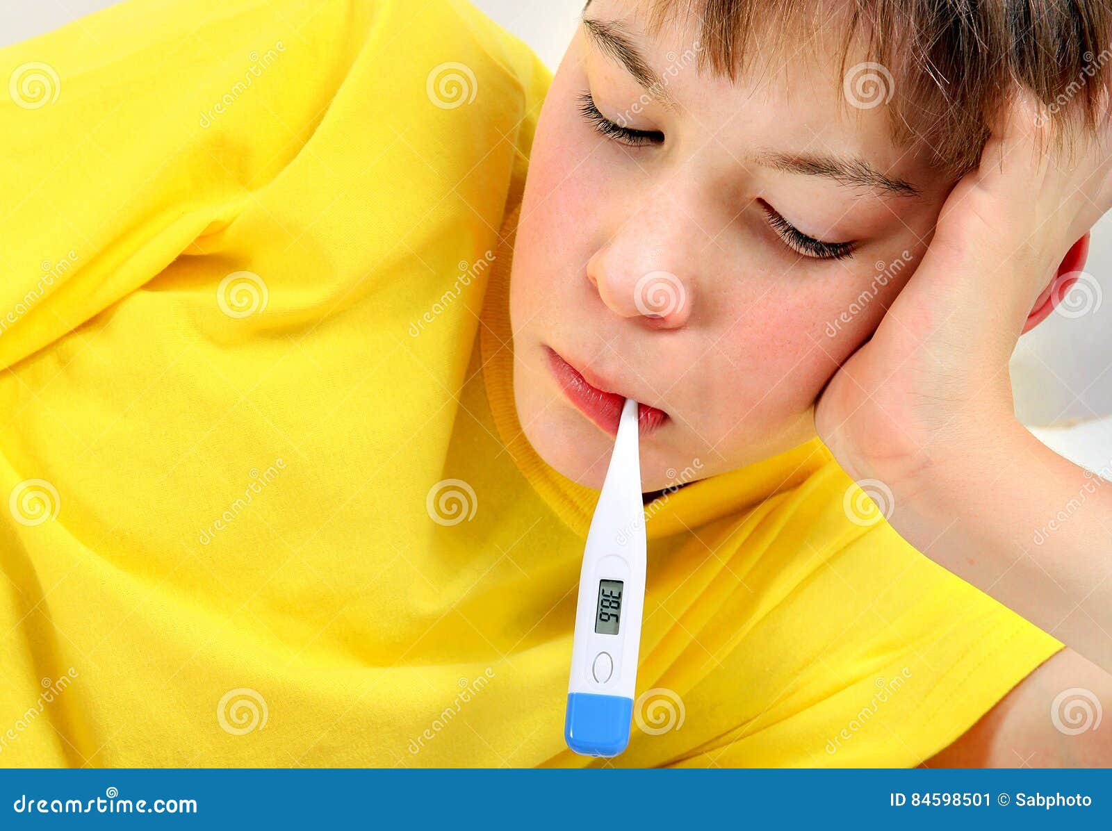 Sick Kid with Thermometer stock image. Image of room 84598501