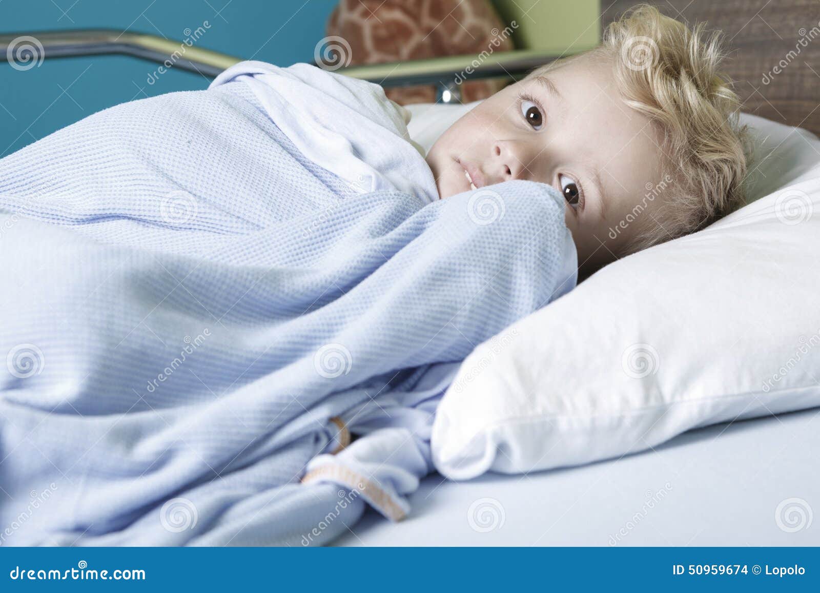 Sick Little Boy in a Hospital Bed Stock Photo Image of health, pain