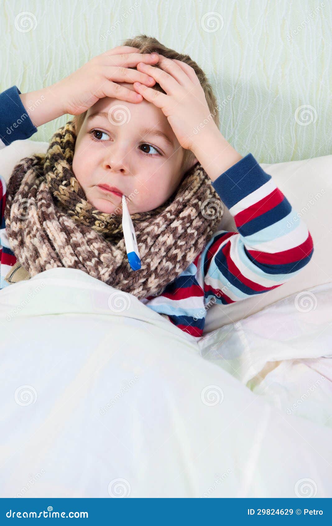Sick Little Boy Lying in Bed with Thermometer Stock Image Image of
