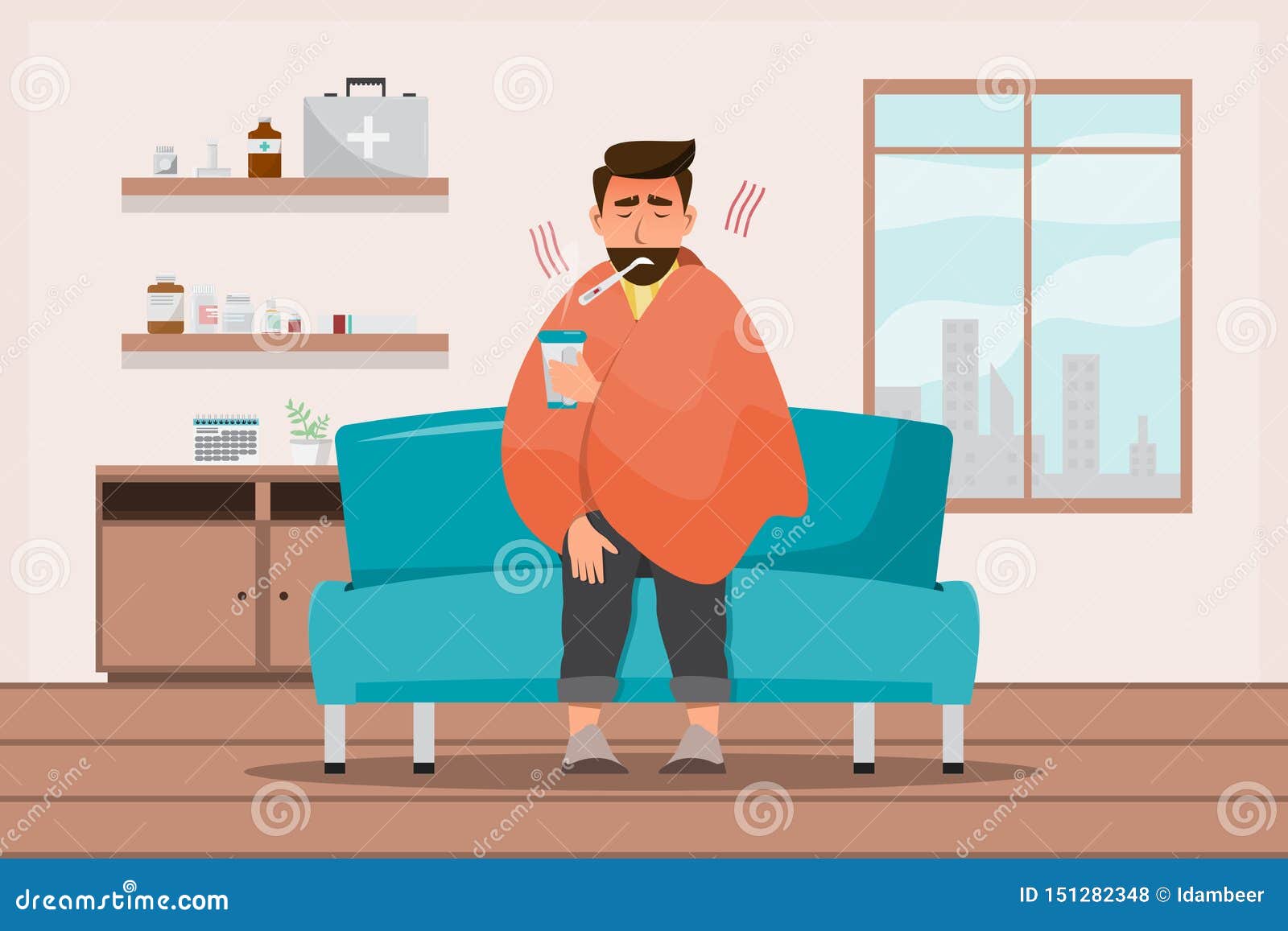 Sick Man Having a Cold Sit in the Room Stock Illustration - Illustration of  background, sickness: 151282348
