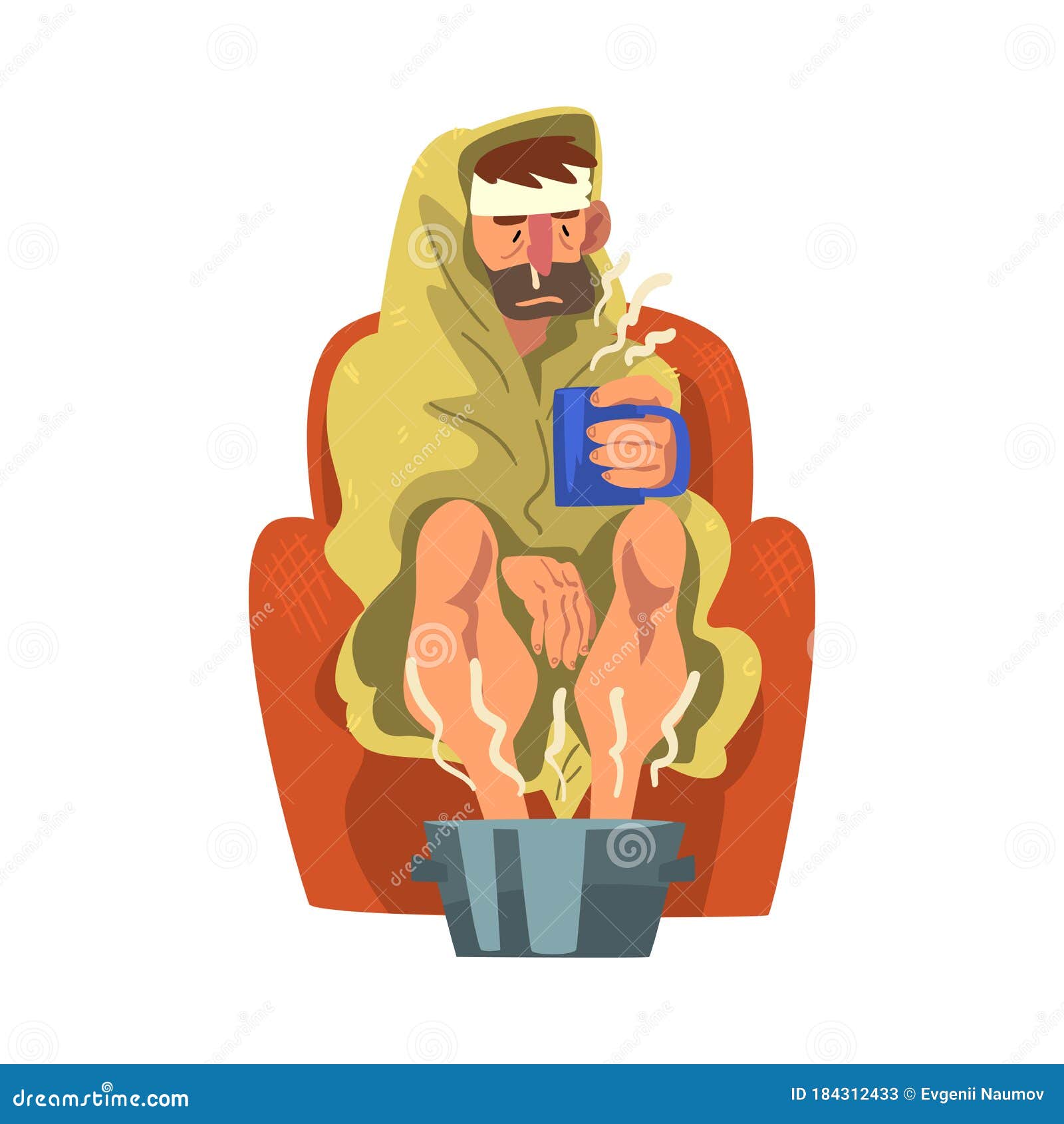 Sick Man with Runny Nose and Headache, Guy with Mug in His Hands Heating  His Feet in Basin with Hot Water Cartoon Vector Stock Vector - Illustration  of influenza, cartoon: 184312433